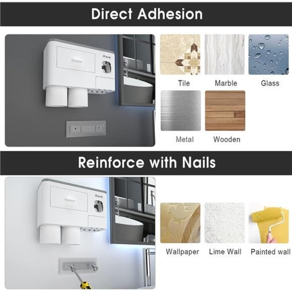 Toothbrush Holders for Bathrooms, 2 Cups Toothbrush Holder Wall Mounted - Picture 4 of 6